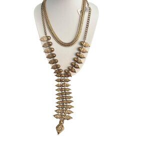 Macys Gold Tone Zipper Y Necklace Tribal Boho Choker Layered Double Strand NWT